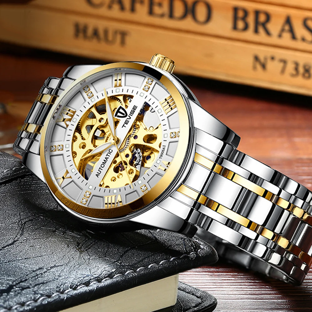 Luxury Automatic Men's Watch with Black Gold Skeleton Design and Diamond Dial