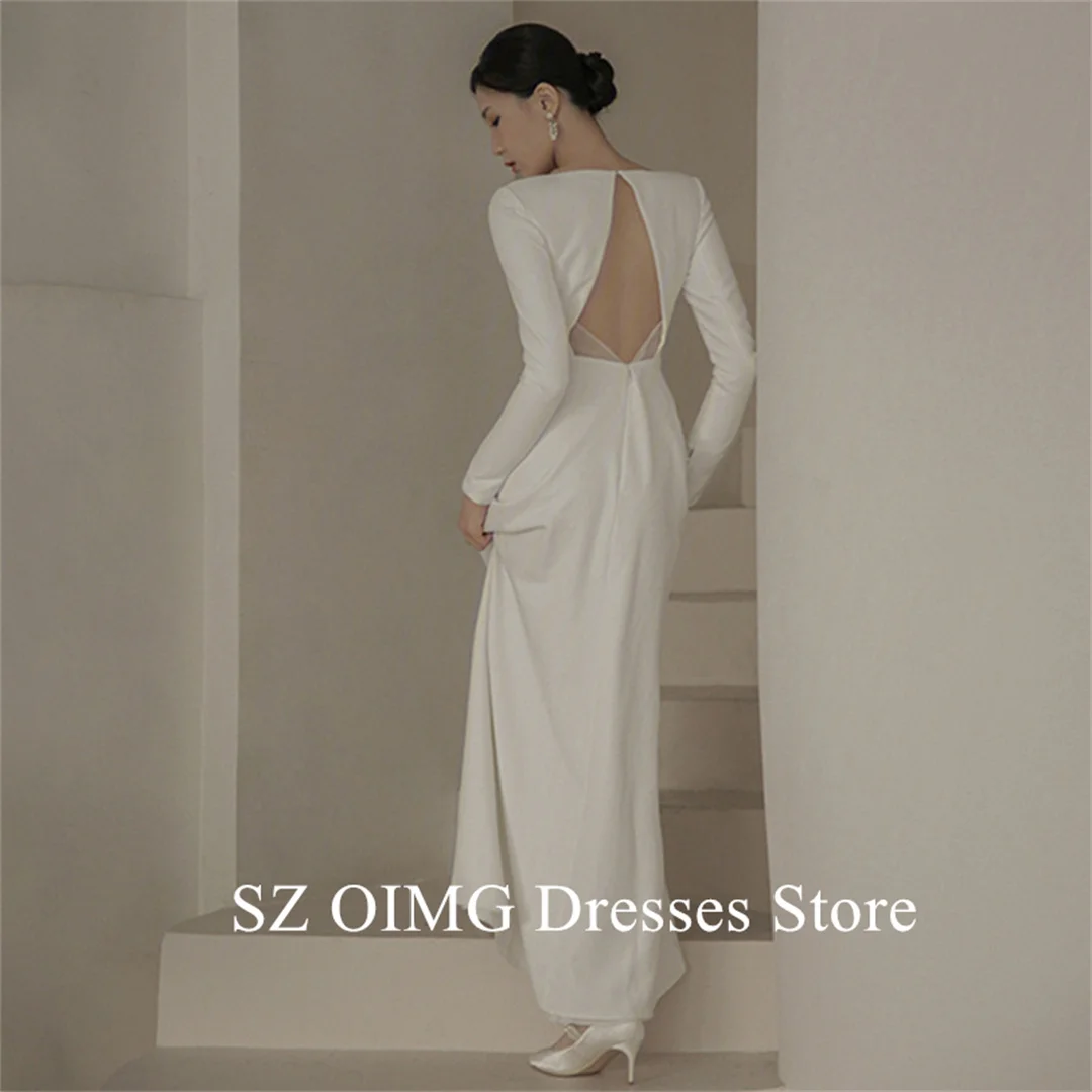 

OIMG Korea Satin Wedding Dresses Long Sleeves Floor Length Elegant Ivory Country Boat Neck Bride Gowns Formal Bridal Dress