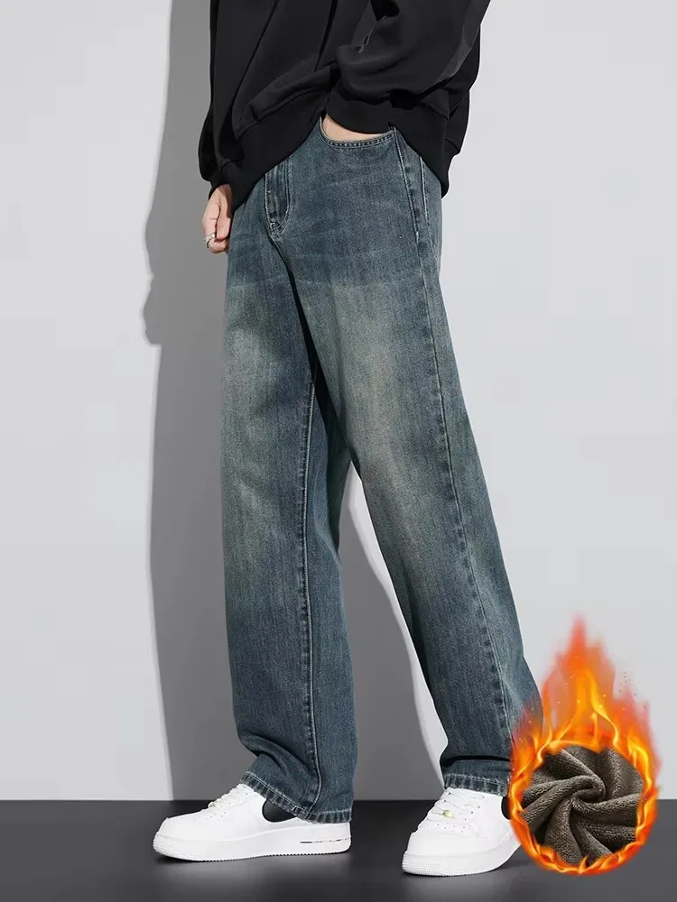 Winter New Men's Fleece Jeans Thickened Warm Fashion Korean Wide Leg Pants Baggy Straight Vintage Male Velvet Denim Trousers 4