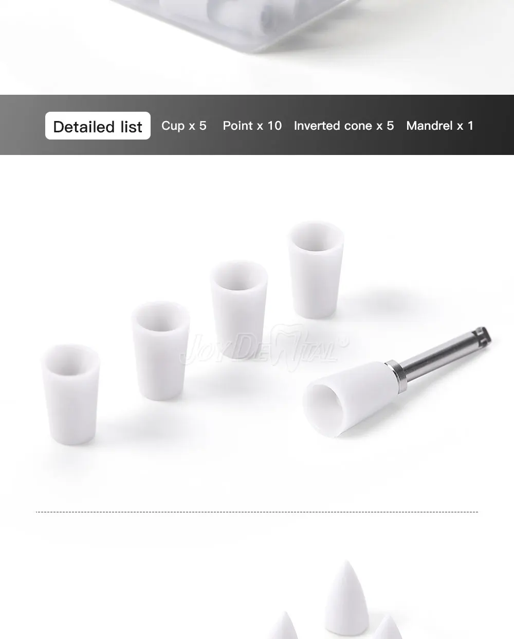 JoyDental 20 Teile/schachtel Dental Silikon Verbund Polierer für Endbearbeitung und Polieren 3 Formen Tasse Inverted Cone Point CA 2,35 MM – Detail 7