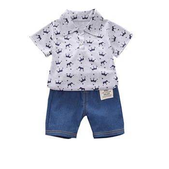 2Pcs Children Clothing for Boy 1-4Y Crown Print Shirt+Jeans Short Summer Cotton Soft Kids Set Toddler Casual Outing Fashion Suit 4