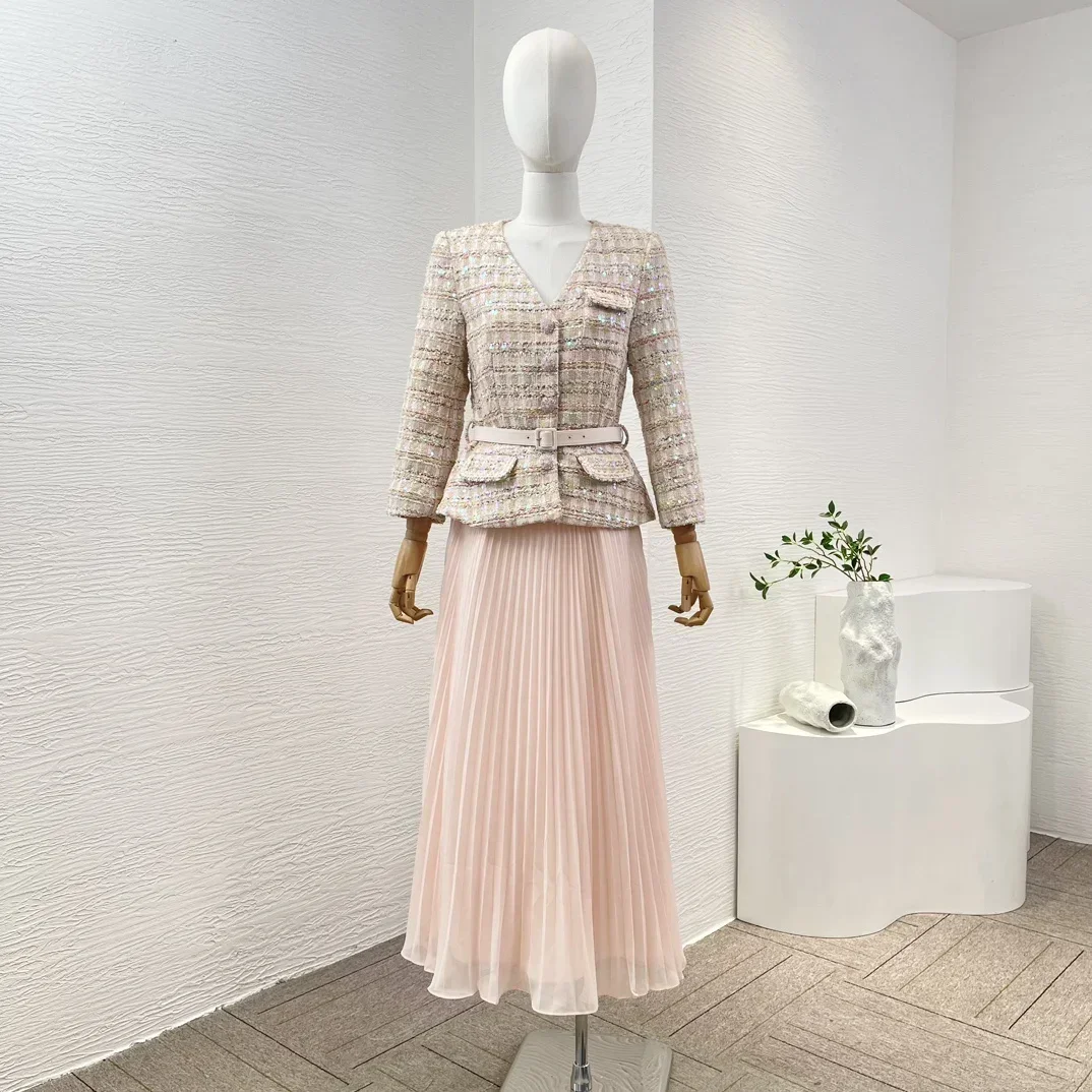 

2024 Spring New Collection Women Apricot Tweed Long Sleeve V-neck Shining Sequined Jacket and Pink Pleat Midi Skirt Set