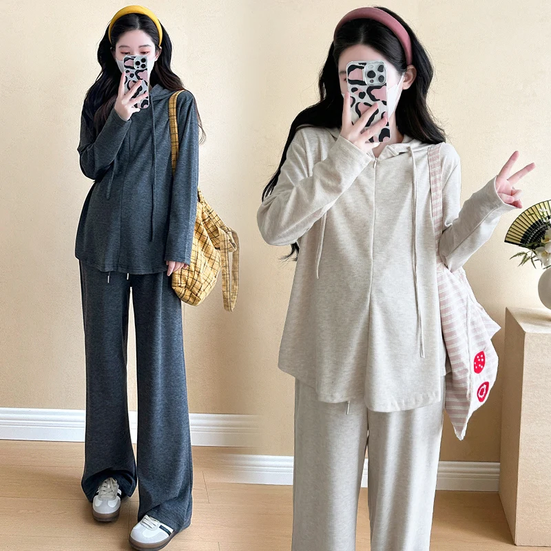 P68382# Pants Suit Hooded Collar Tops Women Sets Casual Pants Sport 2 Pcs Maternity