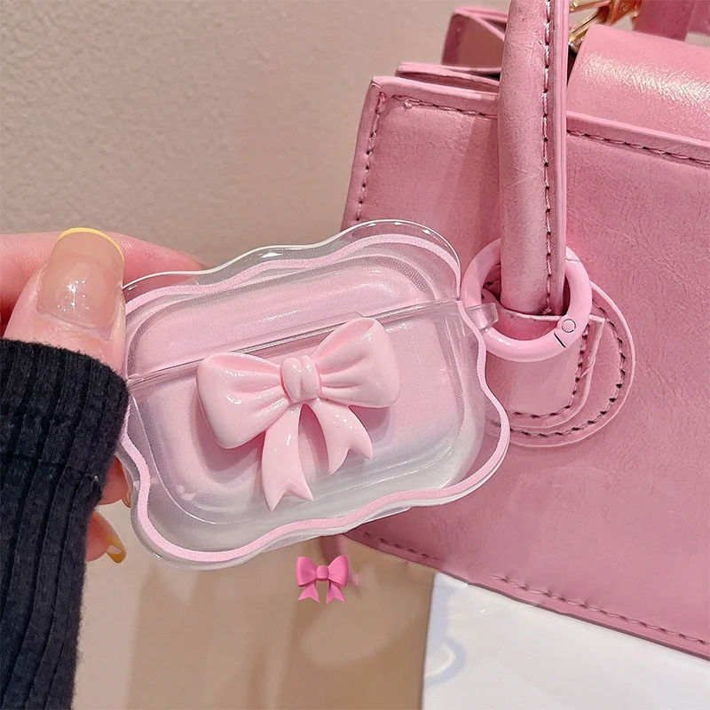 

INS Korea Cute Pink Bow Gradient Pink Wavy Border Earphone Case For Airpods 3 With keychain Protective Cover For Airpods 1 2 Pro