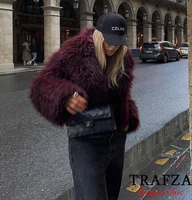 TRAFZA-Women Fashion Winter Solid  Big Lapel Coat Faux Fur Coat Jacket New 2025 Autumn Winter Slouchy Burgundy Black Gray Coat 1