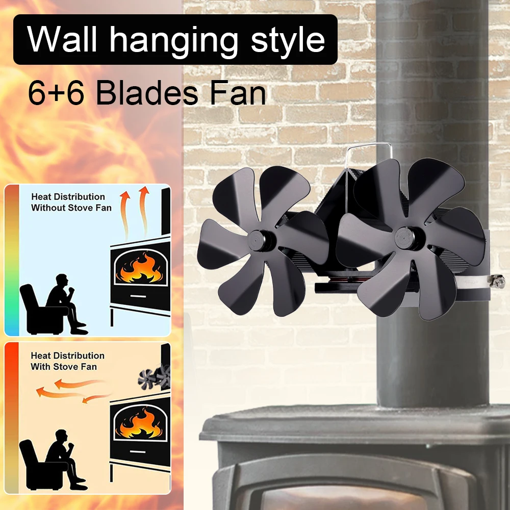 

Wall-Mounted 12 Blades Heat Powered Stove Fan Double Head Fireplace Fan Log Wood Burner Eco Friendly Efficient Heat Distribution