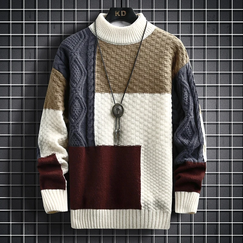 

2023 Autumn Winter Men Sweater Warm Fashion Stitching Color Matching Pullover Round Neck Tide Thickened Knitted Sweater M-3Xl