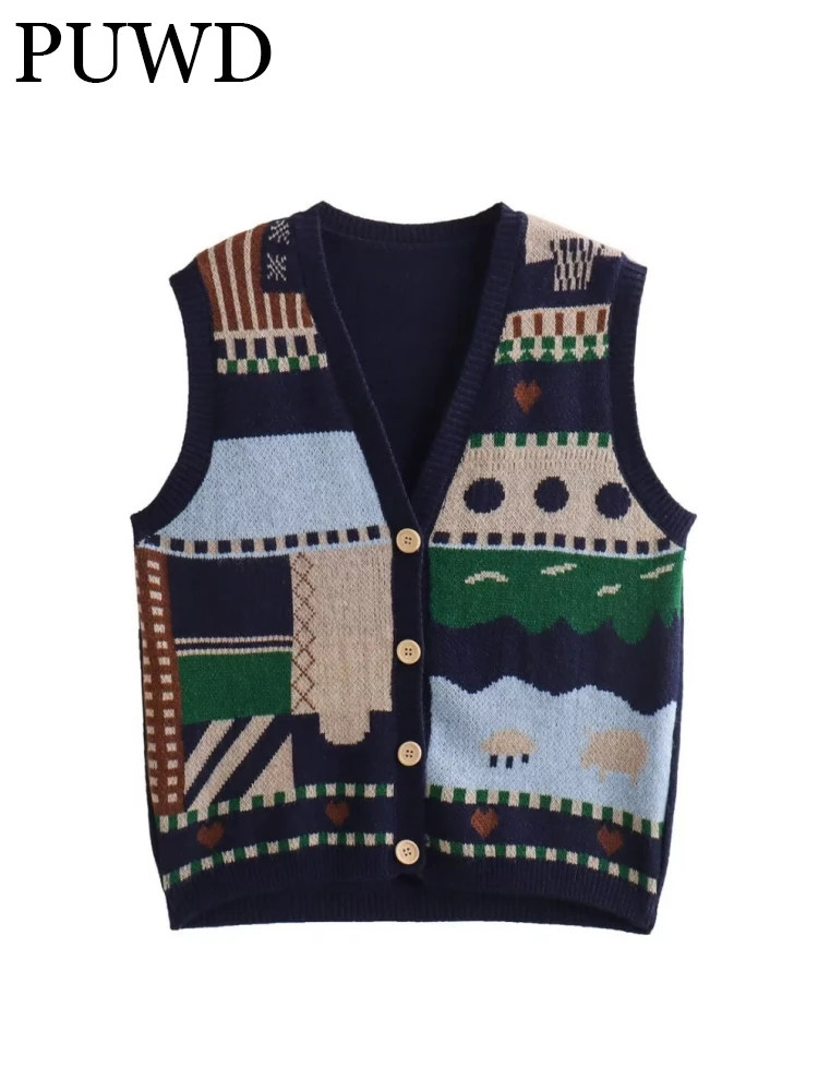

ZACK RAIN Women Geometric Print Single-breasted Knit Vests 2023 Fall Sweet V-neck Sleeveless Vests Female Crop Tops