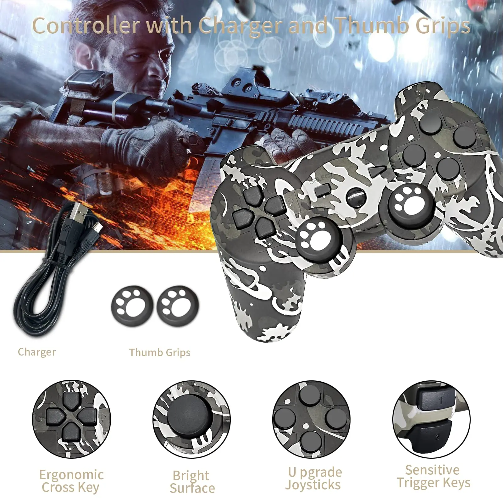 Game Controller Compatible for play3 Remote Joy Sticks with Dual Vibration and 6Axis Charger Cable and Thumb Gripss _
