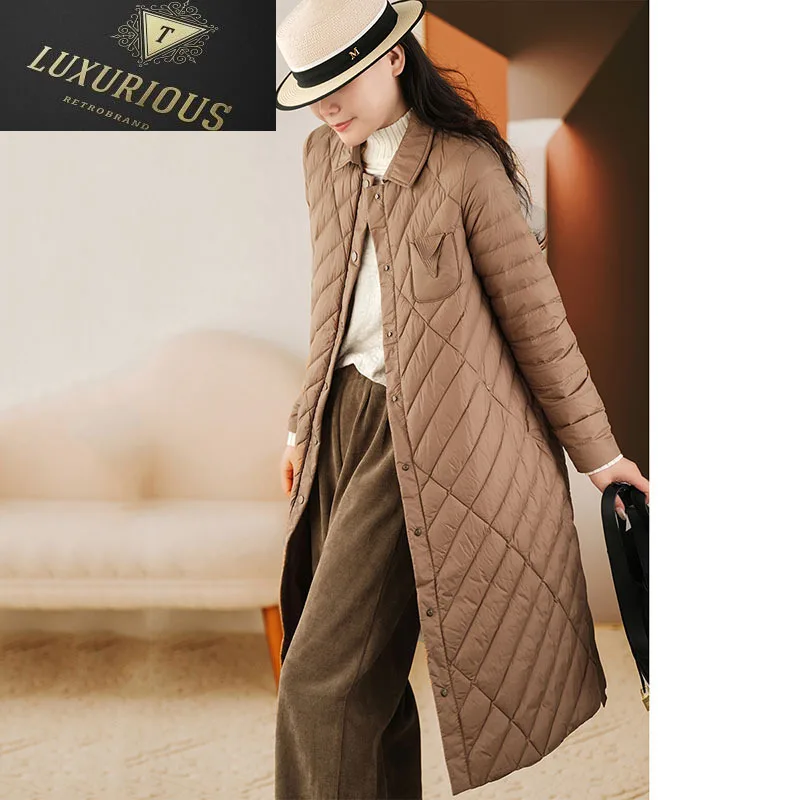 

2023 autumn and winter new light 90 white duck down mid-length jacket blouse collar solid color thin coat tide