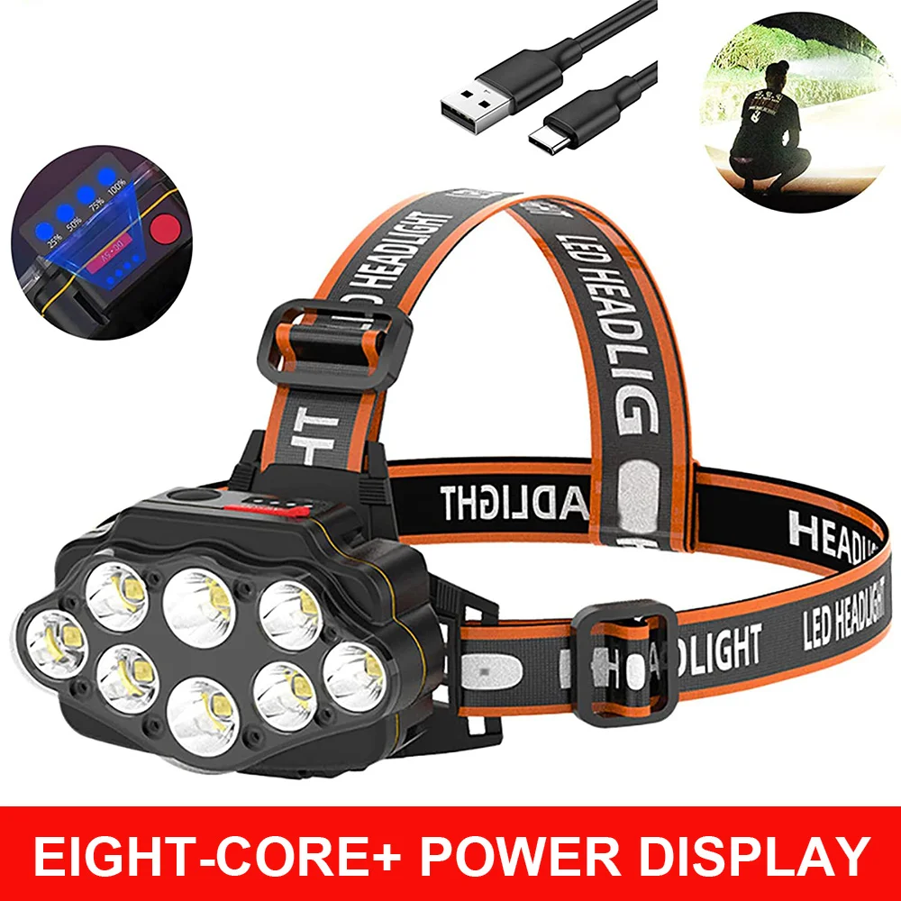 

LED Headlamp 8 LED Super Bright Headlight Waterproof Rechargeable Head Wearing Light for Outdoor Camping Working