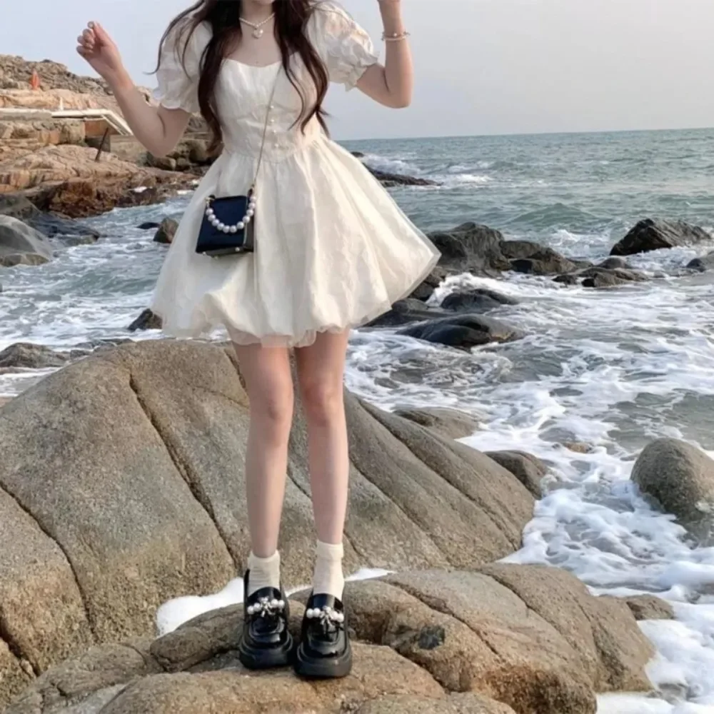 Elegant Women's Short Puff Sleeve Dress A Line Mini Dress Mesh Splicing Solid Sweet Party Dresses Perfect for Any Occasion