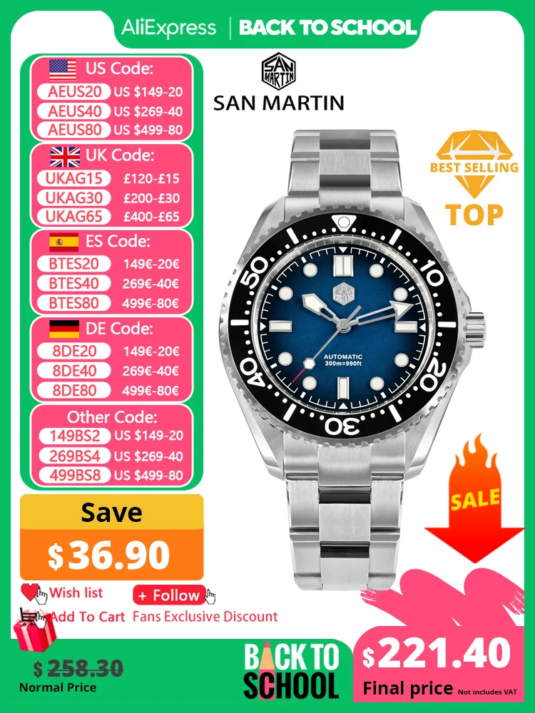 Mechanical Watch San Martin Men Diving Watch Helium Device NH35 Automatic Luxury Vintage Gradient Dial Waterproof 300m