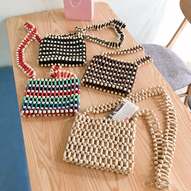 

Винтажная женская сумка через плечо с Разноцветными полосками и бусинами, плетеные вручную сумки через плечо с деревянными бусинами для женщин, модная универсальная сумка