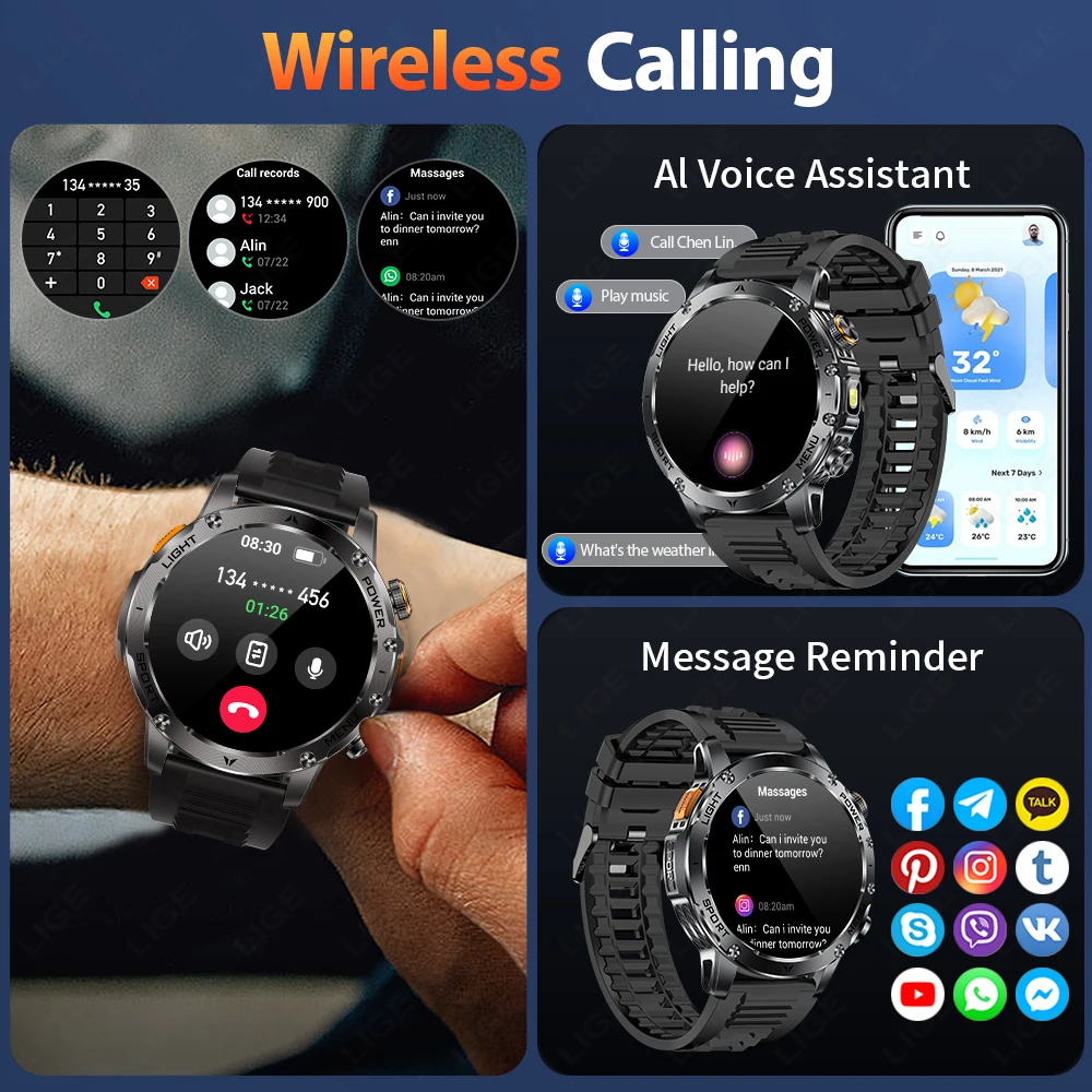 LIGE Military 1000mAh AMOLED Smart Watch Men Health Monitor Waterproof Sports Fitness Watches BT Call Smartwatch for Android iOS