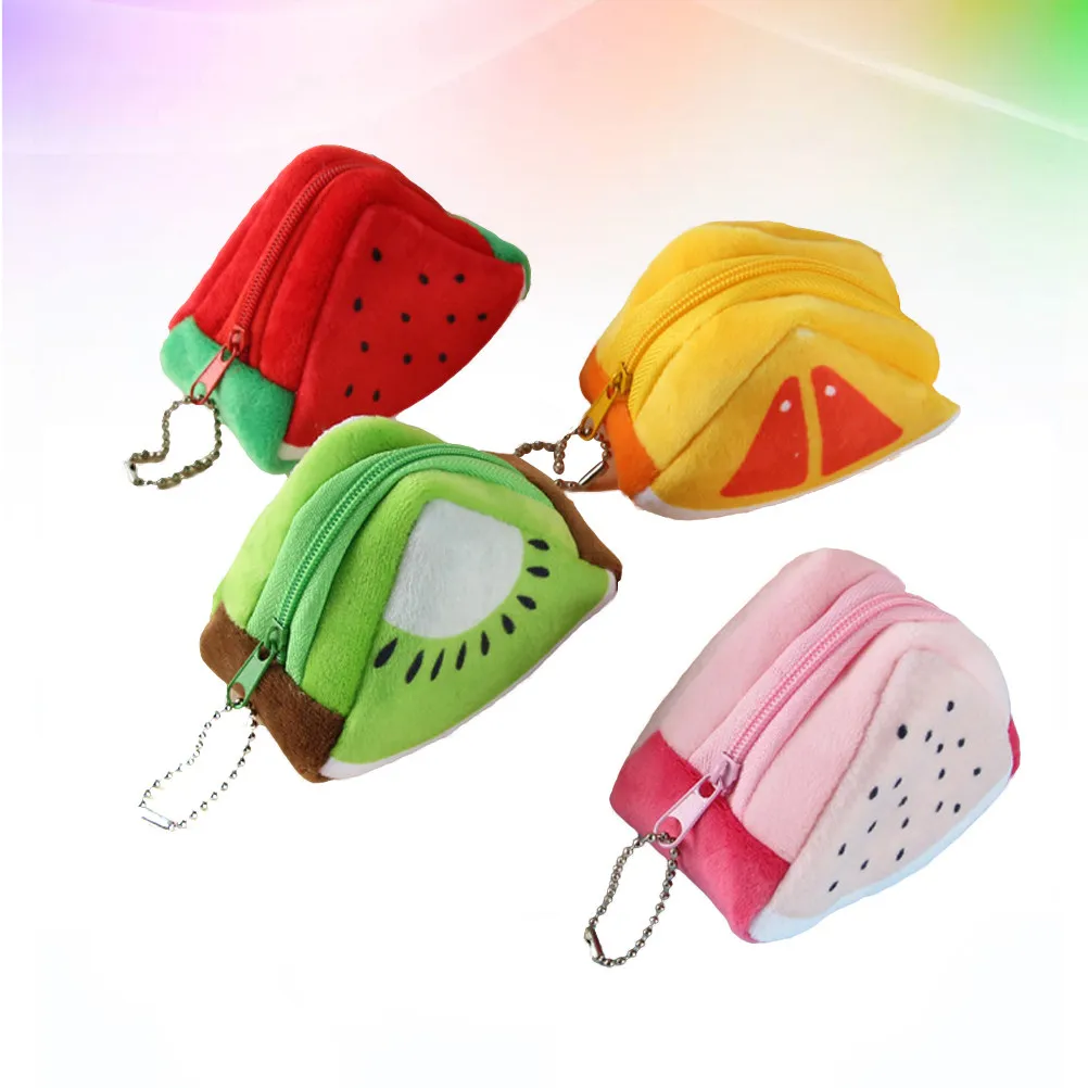 4Pcs 사랑스러운 과일 디자인 미니 동전 지갑 여성 소프트 터치 작은 지퍼가 달린 지갑 현금 카드 정리 USB 케이블 립스틱 키