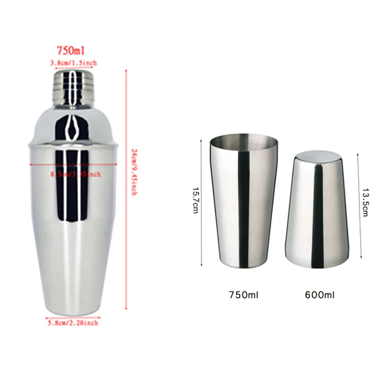 750ml 750/600ml Boston Cocktail Shaker With Recipe Martini Stainless Steel Mixer Bartender Bottle Bar Shakers for Mixed Drinks cocktail shaker