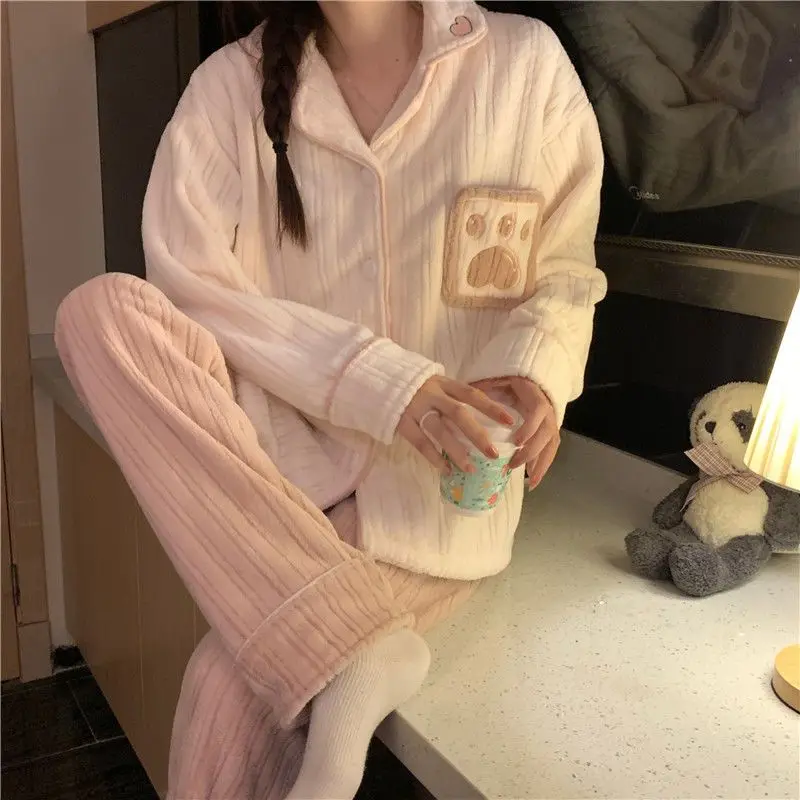 Flannel Pyjamas Women Warm Pijama Mujer Winter Cute Cardigan Loungewear Pijamas Sleepwear Kawaii Clothes Pijama Femme Ensemble