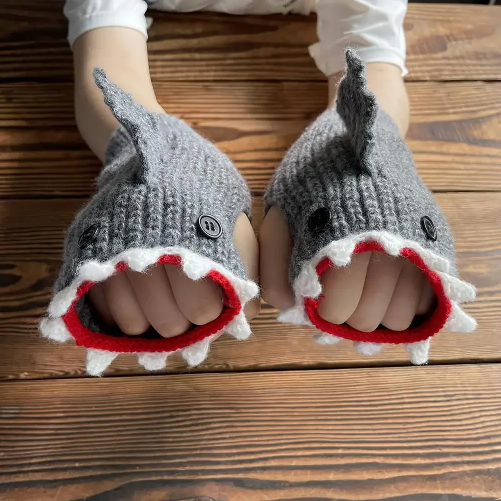 New 3D Cartoon Half Finger Gloves Shark Fish Knitted Glove Cute Novelty Unisex Winter Warm Men Women Xmas Gift Christmas Guantes
