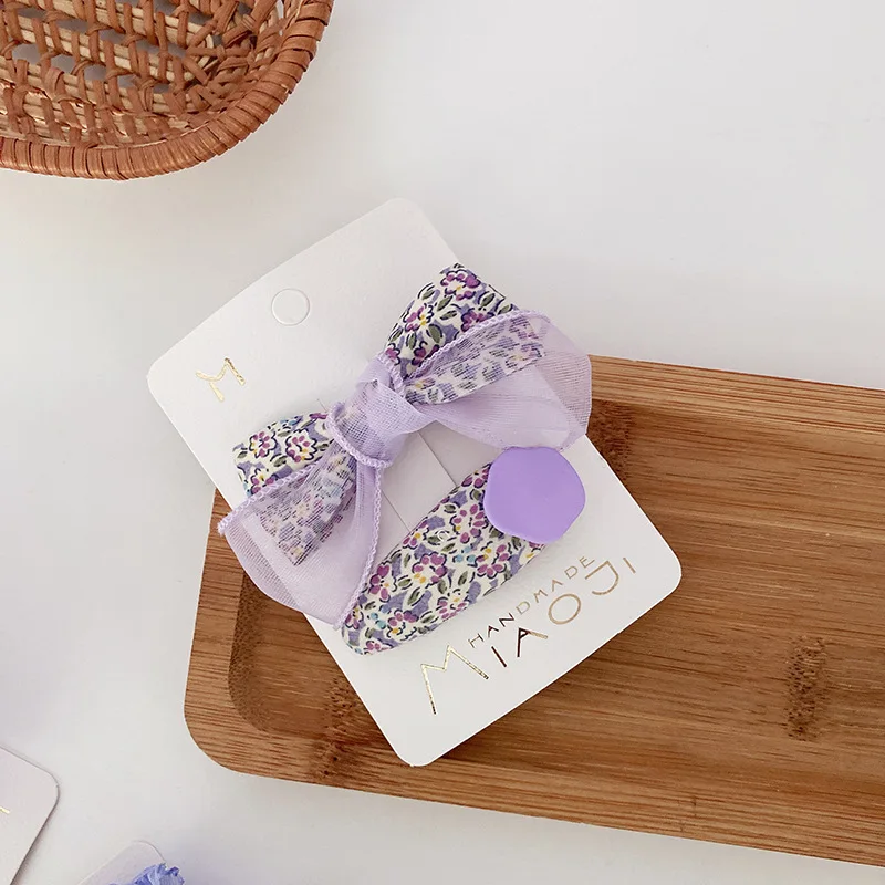 Korean Sweet Purple Bows Hairpins Fabric Floral Print Barrettes for Girls Hair Bands Headwear Girls Kids Hair Accessories