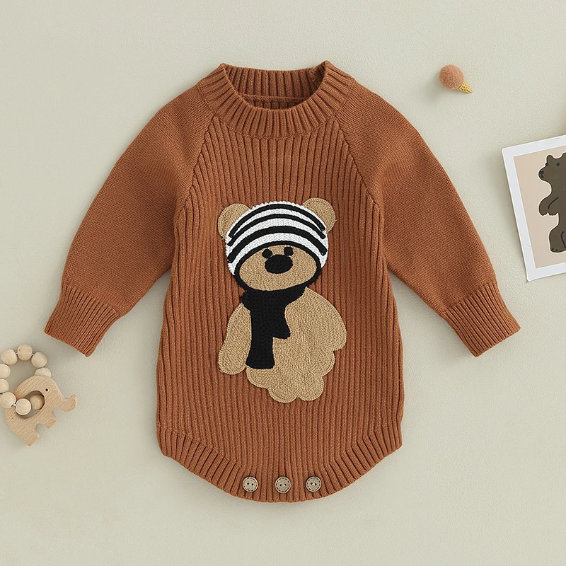 EWODOS Toddler Baby Boys Girls Knitted Bodysuits/Tops Long Sleeve Cartoon Bear Embroidery Knit Sweaters Infant Fall Outfits