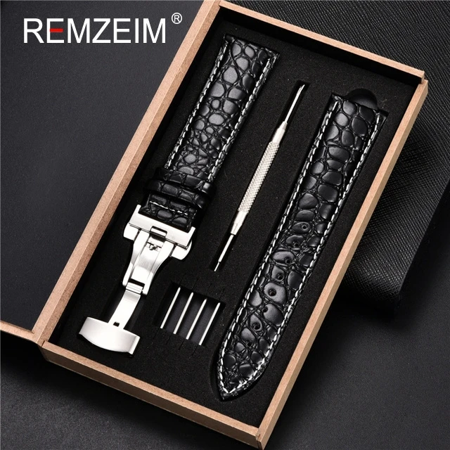 Luxury Embossed Leather Watch Strap with Butterfly Clasp