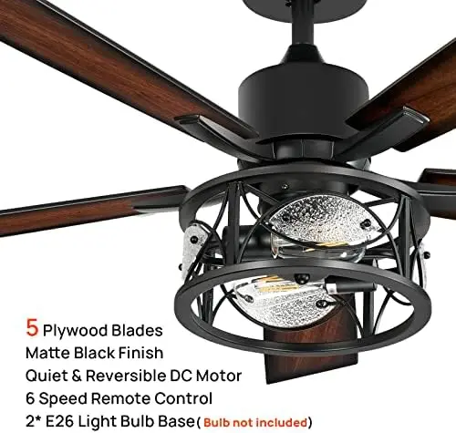 Fan With Lights, 52 Inch Farmhouse Indoor Ceiling Fan With Remote, Quiet Reversible DC Motor, 5 Double Finish Wood Blades, Easy