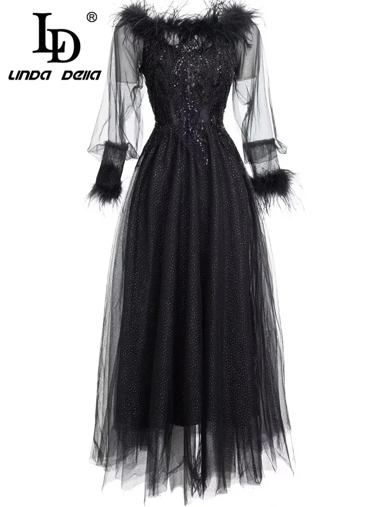 

LD LINDA DELLA Fashion Runway Summer Dress Women's Long sleeve Gorgeous Beaded Sequins Mesh Balck Long Club Party Dress