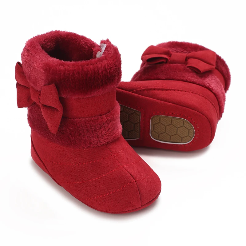 Cute Bowknot Comfortable Boots For Baby Girls Soft Warm Plus Fleece Boots For Indoor WalkingAutumn And Winte