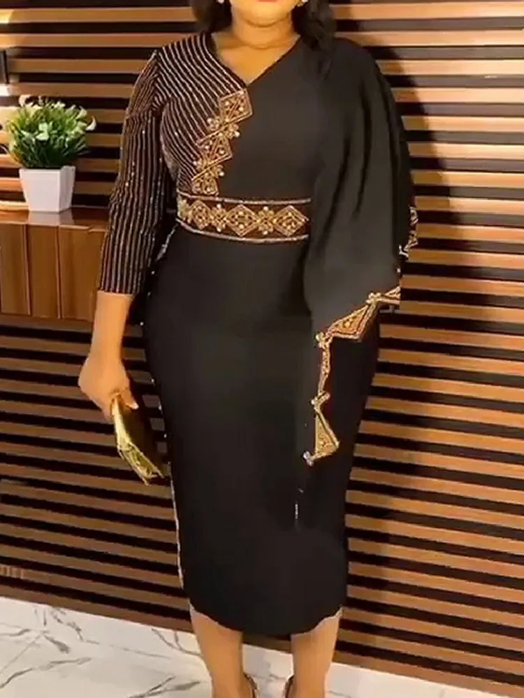

African Wear Dress For Elegant Women Hot Diamond Fashion African Clothes V-neck High Waist Midi Dress Party Robe Work Outfits