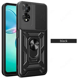 Protective Armor Case Cover with Slide Lens Camera Protection and Magnetic Ring Stand Holder for TCL 50 SE (Black)