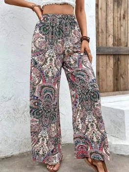 Women's Boho Paisley Print Wide Leg Pants Elastic High Waist Drawstring Casual Flowy Trousers Summer Beach Palazzo Pants