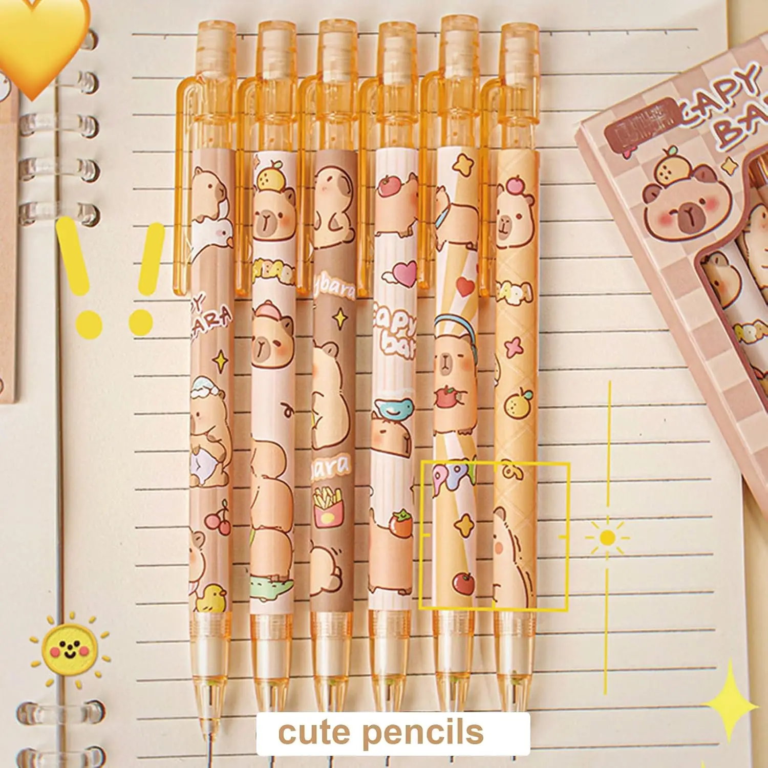 6 Pcs Cute Mechanical Pencils with Eraser 0.5mm Cartoon Capybara Mechanical Pencil Light Pencil for Kids Boy Girl Women 2