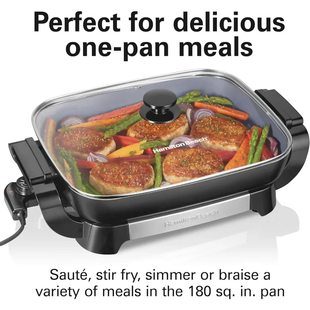 Electric Skillet with PFAS-Free Ceramic Coating,Adjustable Temperature,Reversible Design,Tempered Glass Lid,Nonstick Surface 2