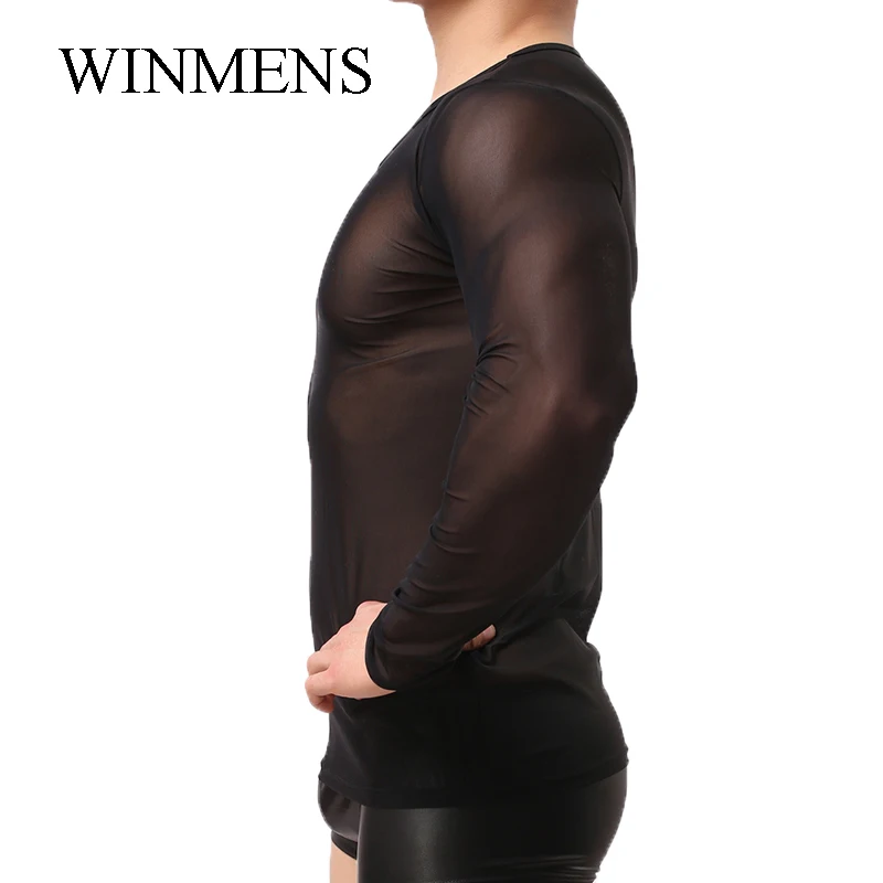 Stretch Undershirts Transparent Mesh Ultra Thin Men's Long Sleeve Shirts O-neck See Through Gay Sexy Underwear Spandex Indoor