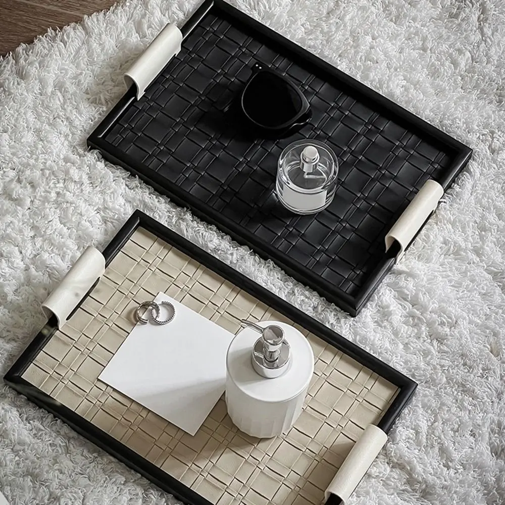 Black/Beige Woven Leather Storage Tray Rectangle with Handle Jewelry Display Plate Handmade Cake Fruit Dessert Tray for Home 5