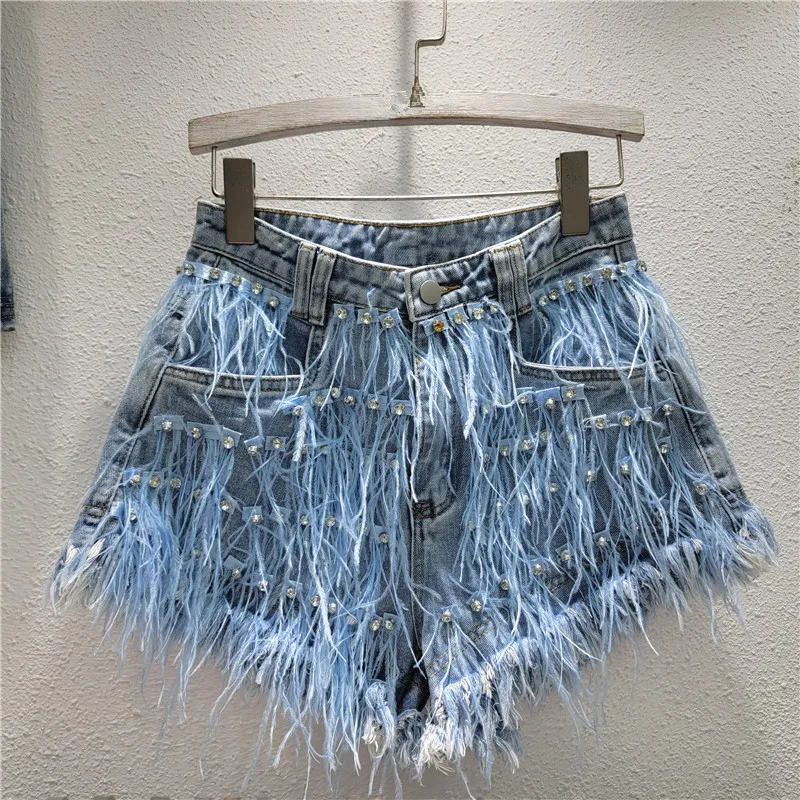 calcao-jeans-feminina-moda-de-rua-garota-picante-industria-pesada-painel-de-cabelo-de-avestruz-diamante-novo-estilo-y2k-verao-2024