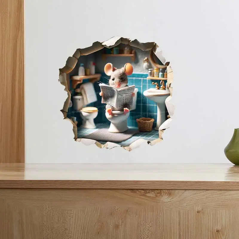 Wall Stickers Toilet Stickers Funny Bathroom Mouse Reading Book Cracked Wall Sticker Baseboard Sticker Decal