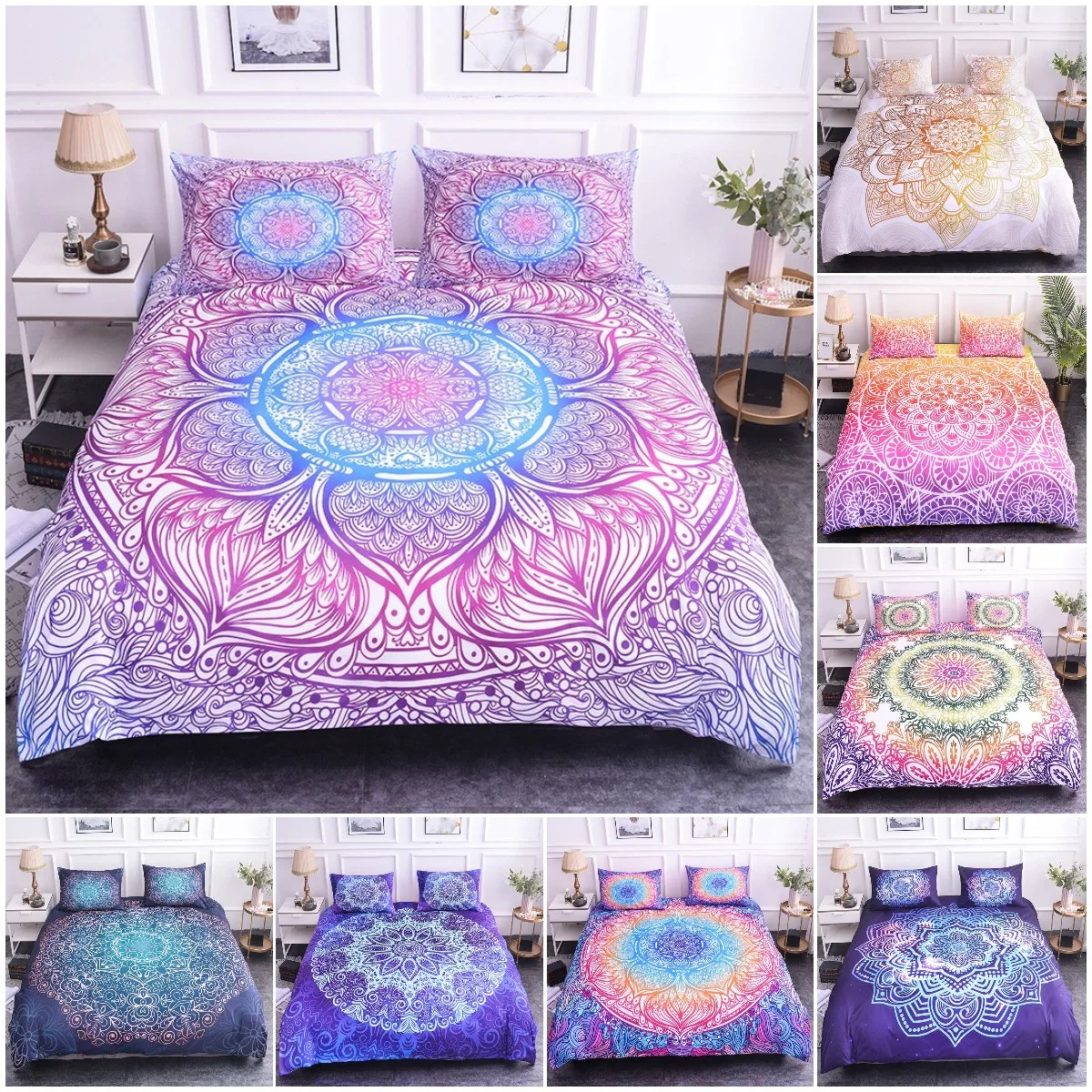 Mandala Duvet Cover Set King Size Lotus Flower Blue Purple Pink Bedding