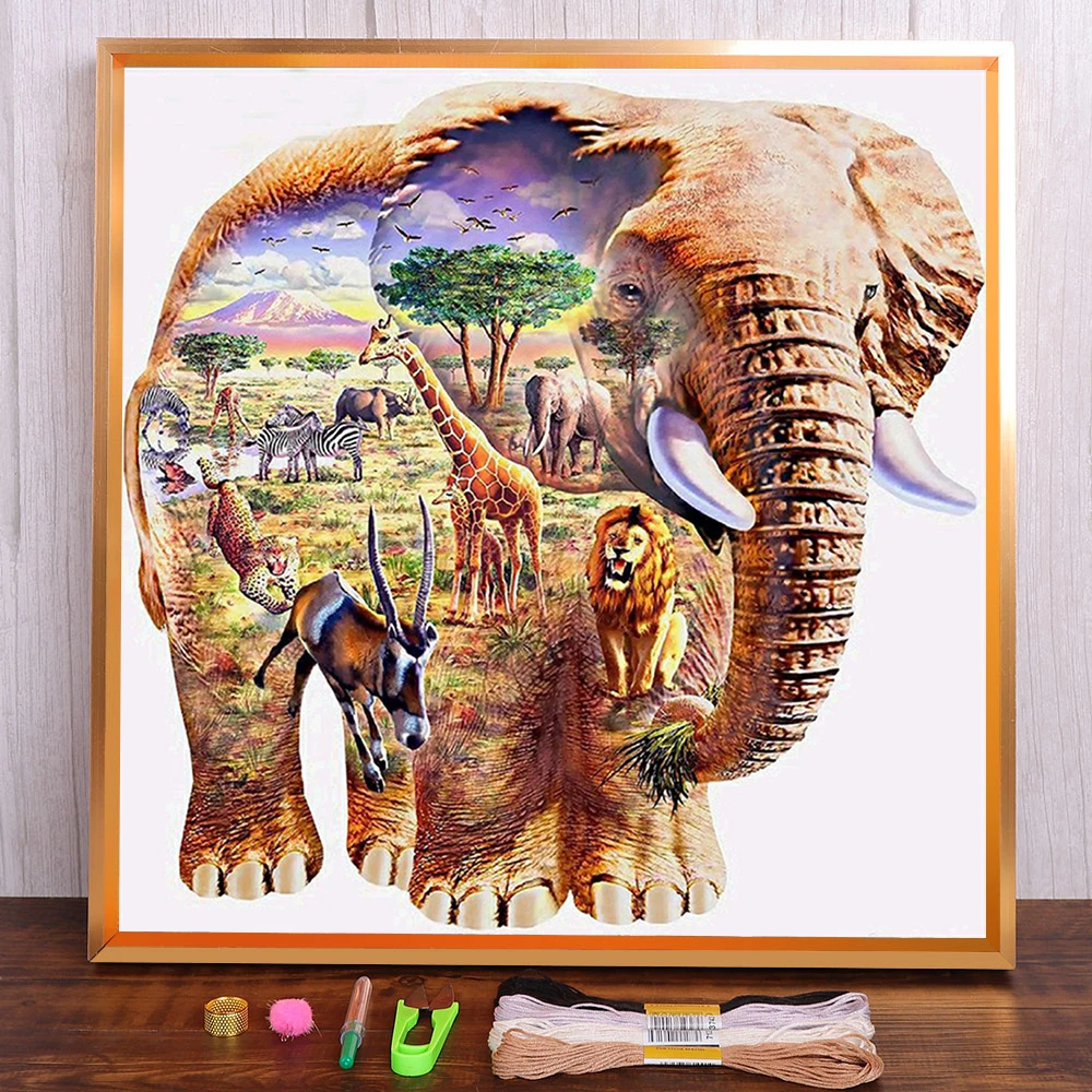 DIY Animal Embroidery Mosaic Kits African Grassland Elephant Cross Stitch Painting Decorate 11CT DMC Printed Needlework cross stitch kit