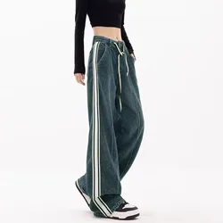 Fashion Vintage Pantalones Striped Contrast Color High Waist Lace Up Jeans Spring Autumn Loose All Match Pantalon Oversized 2024