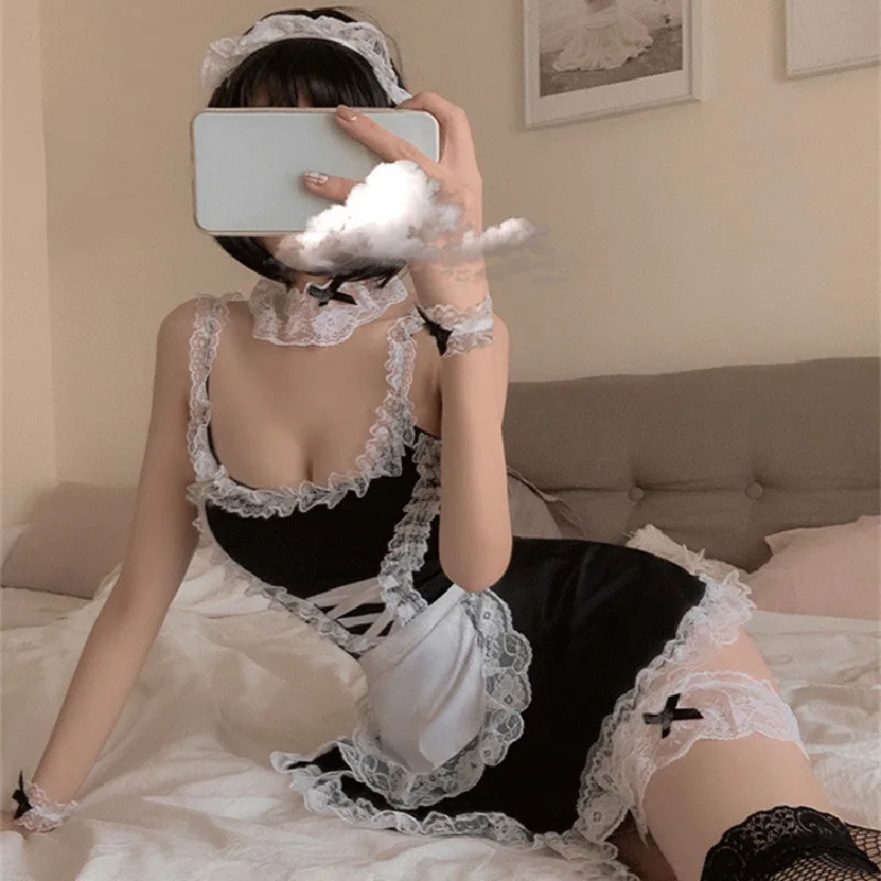 

Lolita Costume Role Play Sexy Lingerie Set Porno Babydoll Mini Dress Bow Lace Sex Underwear Japanese Cute Maid Cosplay Uniform