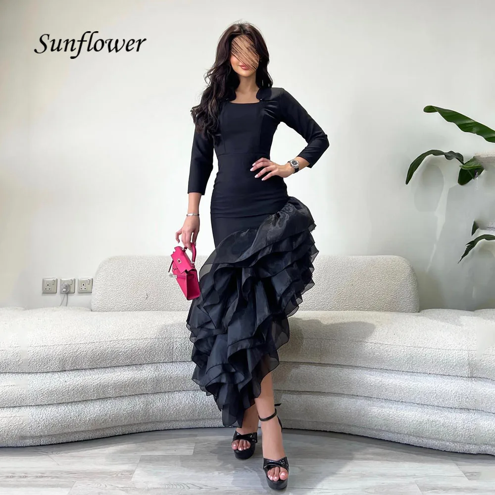 

Sunflower Black O-Neck Tiered Organza Mermaid Evening Dresses Saudi Arabia 2023 Slim Crepe Long Sleeve Floor-Length Party Gowns