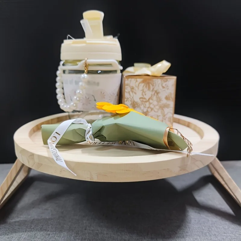 1pcs Foldable Sofa Armrest Tray Portable Wooden Round Snack Plate with Non-Slip Design Collapsible Couch Cup Holder
