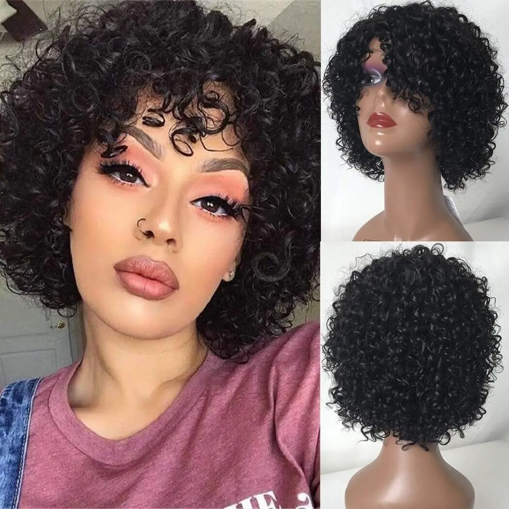 

Afro Kinky Curly Human Hair Wigs with Bangs Glueless Brazilian Hair 180% Density Machine Made Bob Wig Natural Color for Women