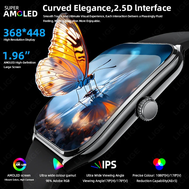 LIGE Ultra-slim AMOLED Smart Watch 1.96" Curved Display Always Show Time Men Voice Call Health Monitor Watches Ladies For Huawei