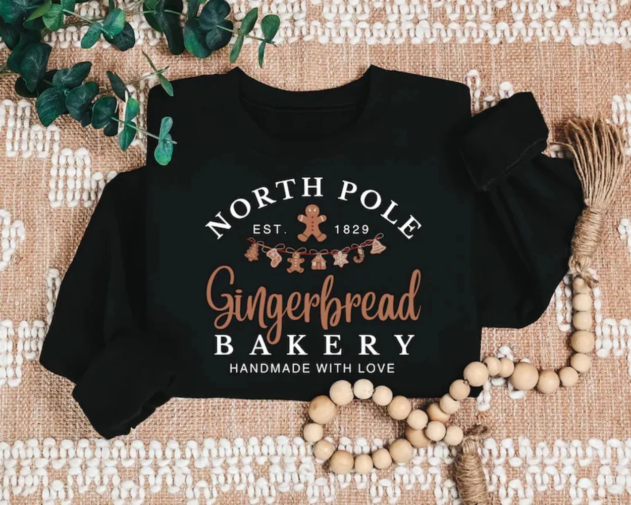 Gingerbread Bakery Sweatshirt North Pole Sweater Women Xmas Trendy Merry Christmas Shirt Cute Crewneck Winter Apparel