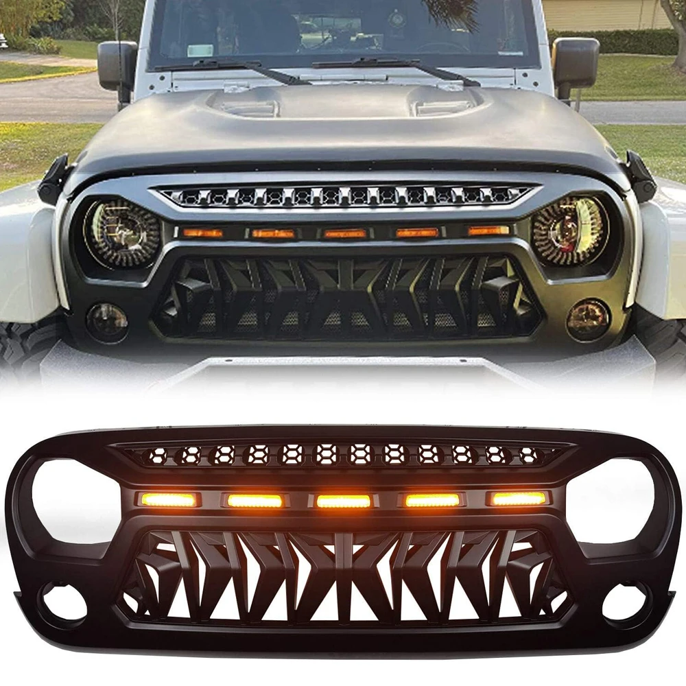 

Front Grill Grille Cover Matte Black with Amber LED Lights Fit Jeep Wrangler 2007-2017 JK JKU Unlimited Rubicon Sahara Sport