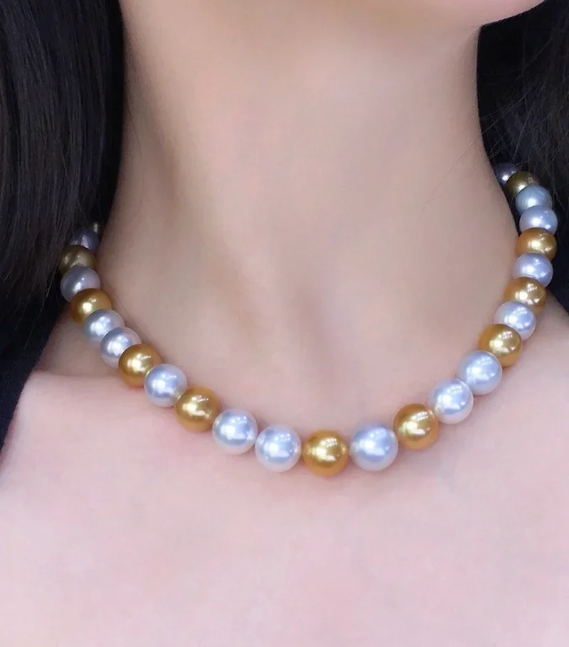 

Huge Charming 18"11-12mm Natural Sea Genuine White Golden Pearl Necklace for Women Jewelry Pendnats 925 Sterling Silver