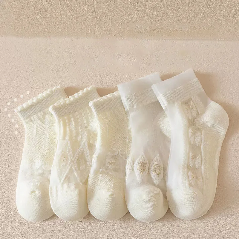 여아용 부드러운 코튼 양말, 통기성 짧은 발목 양말, 레이스 공주 메쉬 러플 로리타 양말, 여름, 5 켤레/로트